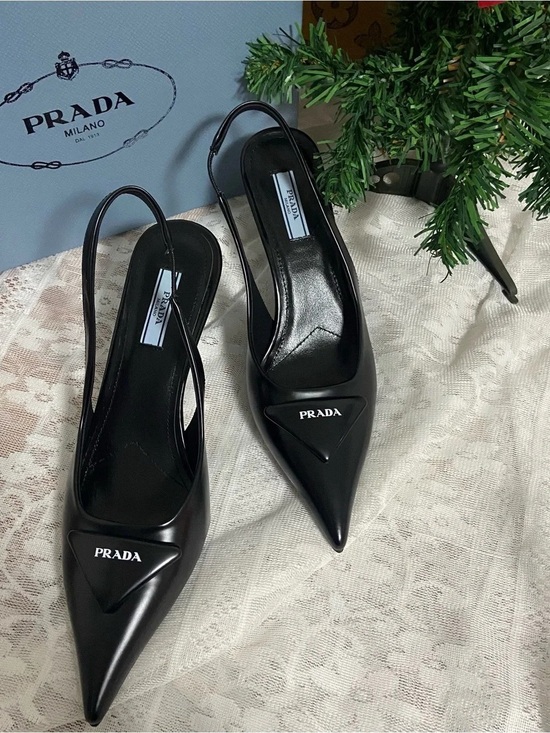 Prada Linea Rossa Shoes - Prada Black Pointed Slingback Pumps with Logo Plaque